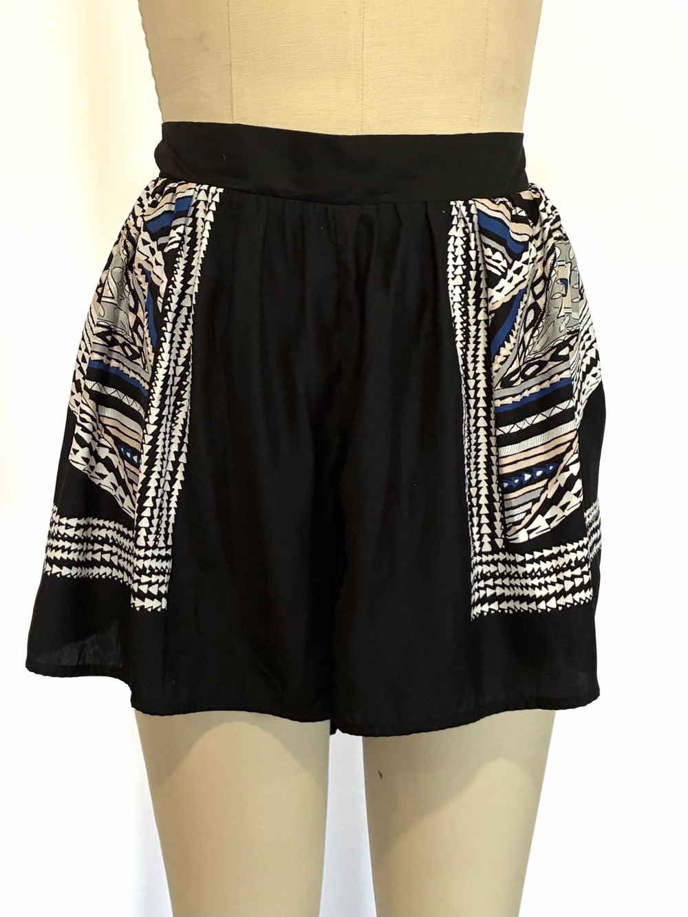 Black Shorts with Blue & White Patterned Panels
